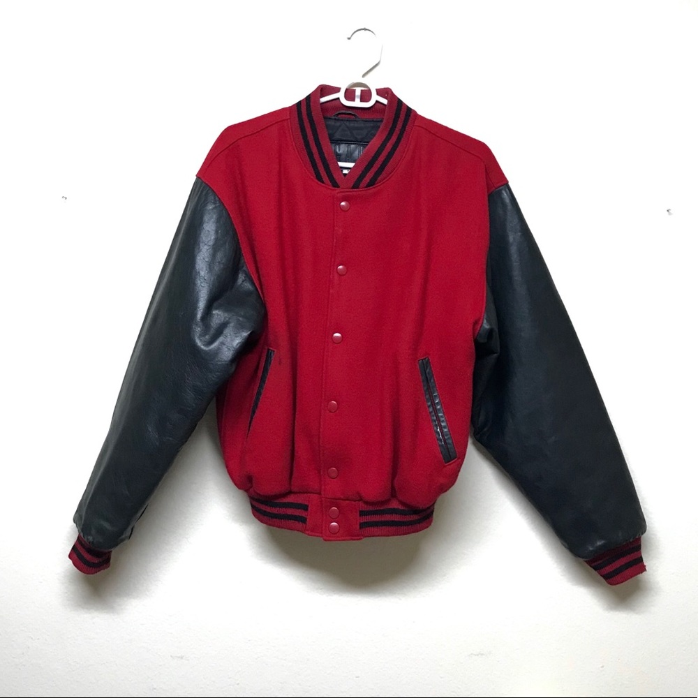 Red wool/black leather varsity jacket from GAP.